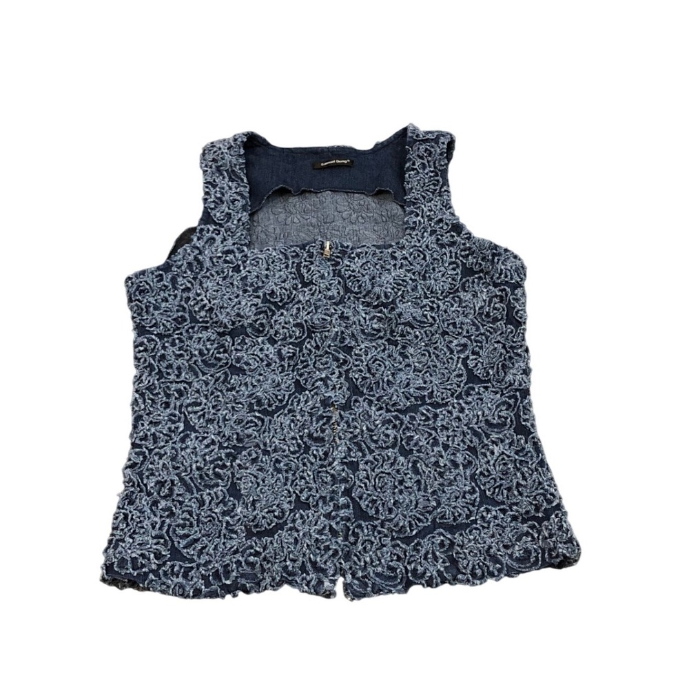 Samuel Dong Vest Blouse Medium Blue Denim Textured Floral Sleeveless Zip Up